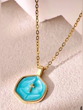 Dainty 14K Gold Plated Alloy Cross Design Pendant 19” Blue Necklace. Free Ship.